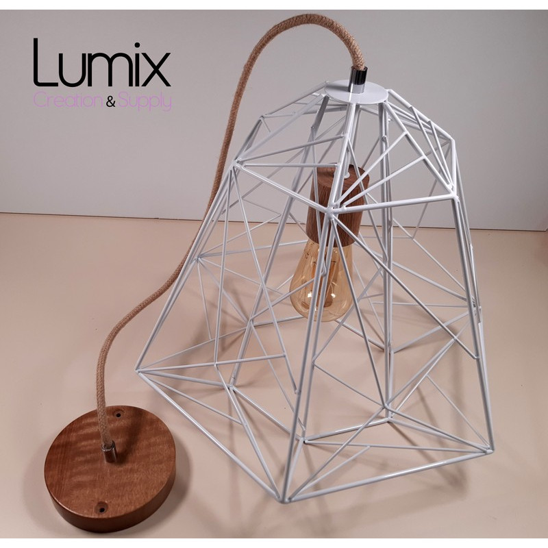 Commande privée : 1 suspension cage métal blanc XL Apollo - porte-douille et rosace plafond bois chêne blanc Commande privée : 1 suspension cage métal blanc XL Apollo - porte-douille et rosace plafond bois chêne blanc