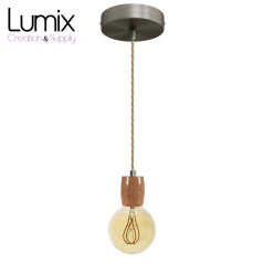 Suspension prestige porte-douille bombé bois chêne blanc et rosace métal inox satiné