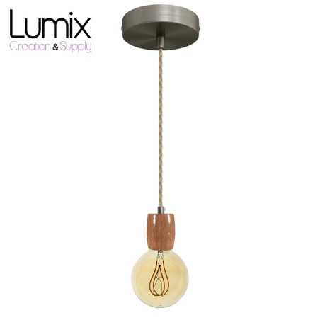 Suspension prestige porte-douille bombé bois chêne blanc et rosace métal inox satiné
