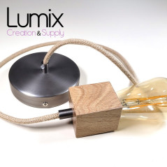 Suspension prestige porte-douille carré bois chêne blanc et rosace métal inox satiné