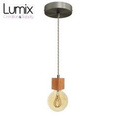 Suspension prestige porte-douille carré bois chêne blanc et rosace métal inox satiné