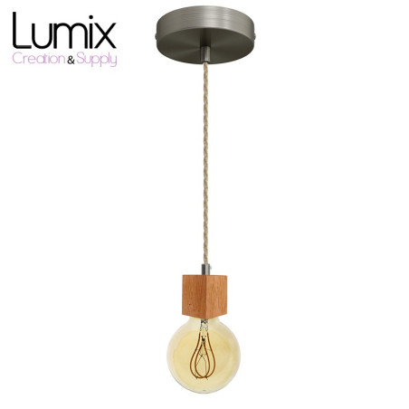 Suspension prestige porte-douille carré bois chêne blanc et rosace métal inox satiné