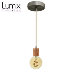 Suspension prestige porte-douille cylindrique bois chêne blanc et rosace métal inox satiné