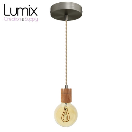 Suspension prestige porte-douille cylindrique bois chêne blanc et rosace métal inox satiné