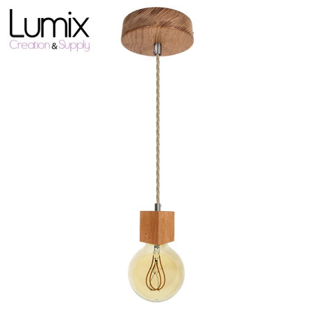Suspension prestige porte-douille carrée et rosace bois chêne blanc - finitions métal au choix