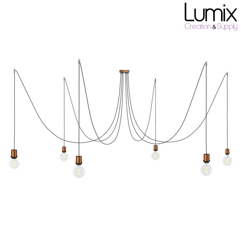 Suspension multiple Médusa 6 lampes avec porte-douille métal avec bague - Câble textile noir rond ou torsadé - 3 finitions Suspension multiple Médusa 6 lampes avec porte-douille métal avec bague - Câble textile noir rond ou torsadé - 3 finitions