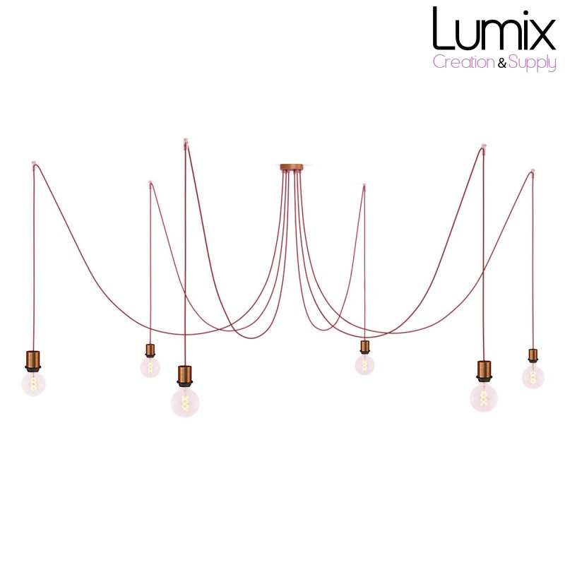 Suspension multiple Médusa 6 lampes avec porte-douille métal avec bague - Câble textile bordeaux rond ou torsadé - 3 finitions Suspension multiple Médusa 6 lampes avec porte-douille métal avec bague - Câble textile bordeaux rond ou torsadé - 3 finitions