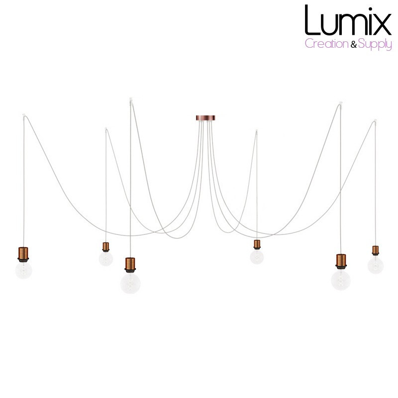 Suspension multiple Médusa 6 lampes avec porte-douille métal avec bague - Câble textile lin neutre rond ou torsadé - 3 finitions Suspension multiple Médusa 6 lampes avec porte-douille métal avec bague - Câble textile lin neutre rond ou torsadé - 3 finitions