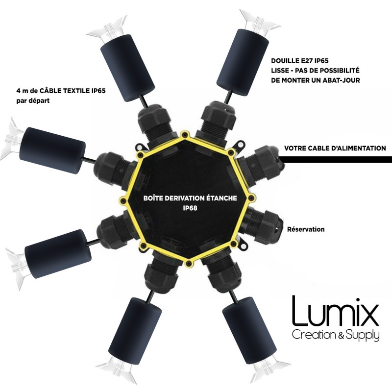 Commande Privée - Luminaire en Suspension 6 lampes pour l'extérieur - Branchement en étoile IP65