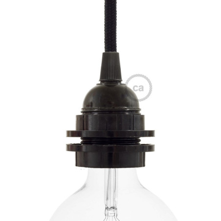 Douille E27 à bagues en bakélite noire vue avec globe led