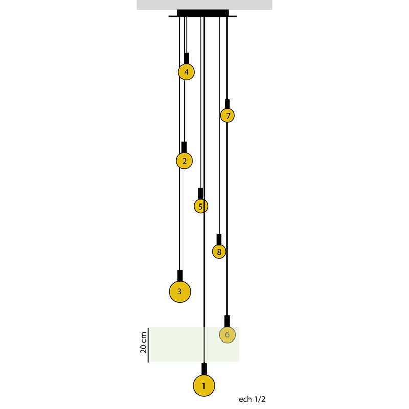 Privée-suspension multiple rosace XXL 8 lampes avec 8 Globes LED Privée-suspension multiple rosace XXL 8 lampes avec 8 Globes LED
