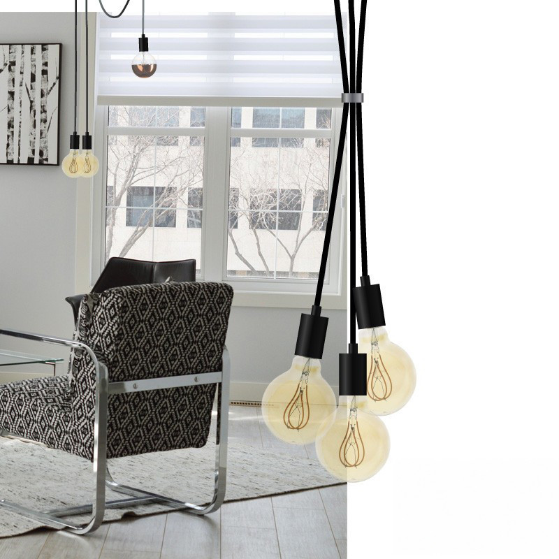 Suspension 3 lampes style moderne NOIR sur-mesure - câble textile au choix Suspension 3 lampes style moderne NOIR sur-mesure - câble textile au choix