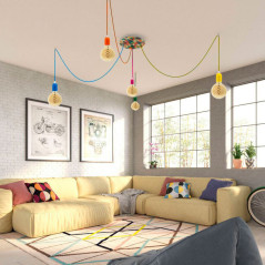 Suspension multiple 5 lampes grande rosace aluminum imprimé motif palette couleur