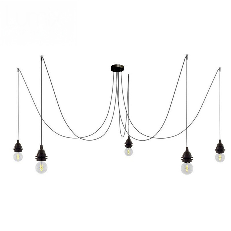 Suspension multiple OCTOPUS 5 douilles en bakélite noire à bagues - Câble textile souple couleur et tye au choix Suspension multiple OCTOPUS 5 douilles en bakélite noire à bagues - Câble textile souple couleur et tye au choix