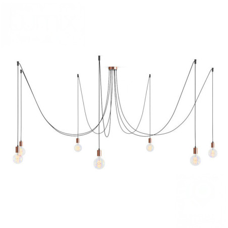 Suspension multiple Octopus 7 - Porte-douille métal couleur Cuivre satiné avec douille E27 bakélite