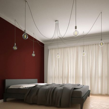 Suspension premium OCTOPUS 7 Argent - Porte-douille métal chromé - Câble 100% gaine cuivre blanc couleur argent