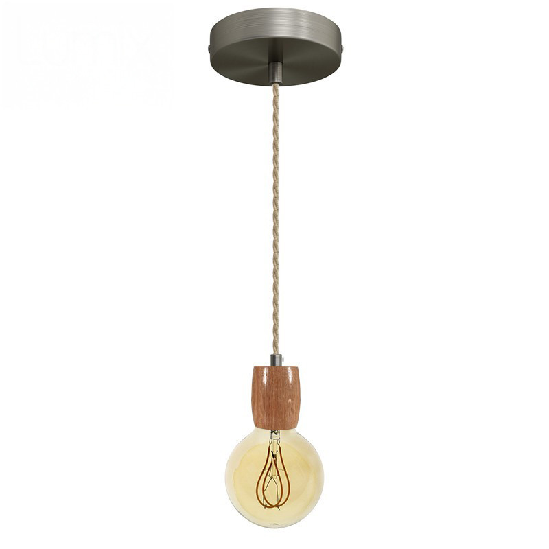 Suspension prestige porte-douille bombé bois chêne blanc et rosace métal inox satiné Suspension prestige porte-douille bombé bois chêne blanc et rosace métal inox satiné