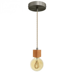 Suspension prestige porte-douille carré bois chêne blanc et rosace métal inox satiné