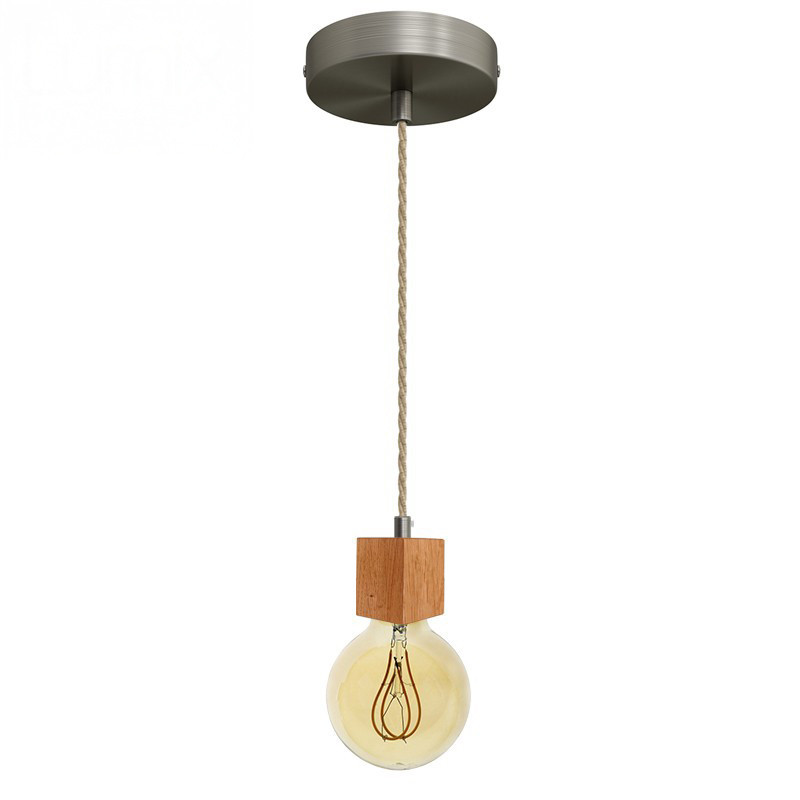 Suspension prestige porte-douille carré bois chêne blanc et rosace métal inox satiné Suspension prestige porte-douille carré bois chêne blanc et rosace métal inox satiné