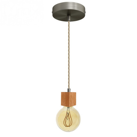 Suspension prestige porte-douille carré bois chêne blanc et rosace métal inox satiné