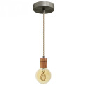Suspension prestige porte-douille cylindrique bois chêne blanc et rosace métal inox satiné