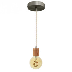 Suspension prestige porte-douille cylindrique bois chêne blanc et rosace métal inox satiné