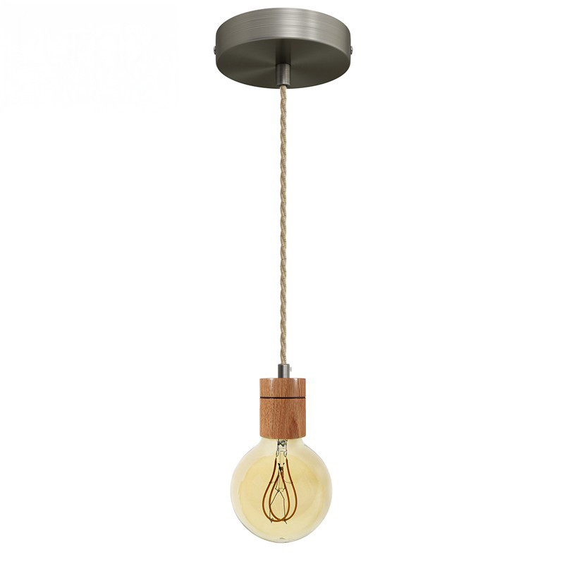 Suspension prestige porte-douille cylindrique bois chêne blanc et rosace métal inox satiné Suspension prestige porte-douille cylindrique bois chêne blanc et rosace métal inox satiné