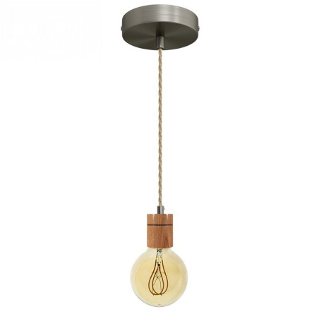 Suspension prestige porte-douille cylindrique bois chêne blanc et rosace métal inox satiné