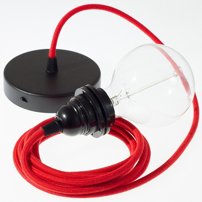 Suspension simple 1 sortie douille pour abat-jour - câble textile rouge Suspension simple 1 sortie douille pour abat-jour - câble textile rouge