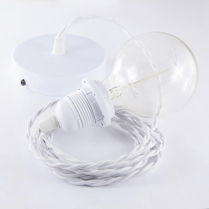 Suspension simple 1 sortie pour abat-jour - câble textile blanc torsadé Suspension simple 1 sortie pour abat-jour - câble textile blanc torsadé