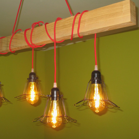 poutre lumineuse en bois avec suspente douille avec cage noire