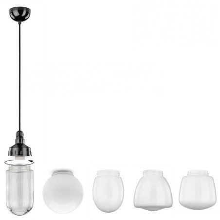 Suspension vintage bakélite & céramique avec abat-jour verre