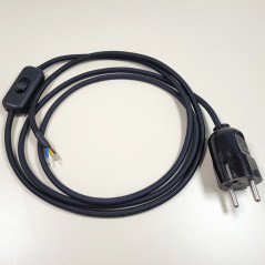 Cordon 2 mètres textile noire fiche deux poles + terre (Euro Schuko) et interrupteur bipolaire avec terre