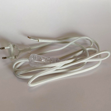Cordon alimentation textile blanc pour lampe ou récepteur petite puissance 2,5 A