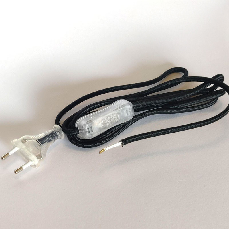 Cordon alimentation textile noir pour lampe ou récepteur petite puissance 2,5 A Cordon alimentation textile noir pour lampe ou récepteur petite puissance 2,5 A