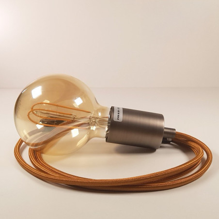 Lampe à suspendre type baladeuse porte-douille métal lisse Inox satiné - Câble textile Whiskey effet soie
