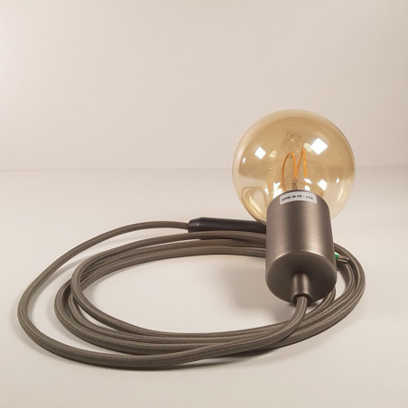 Lampe à suspendre type baladeuse porte-douille métal lisse Inox satinée - Câble textile Gris effet soie