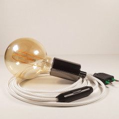Lampe à suspendre type baladeuse porte-douille métal lisse Perle noire - Câble textile blanc