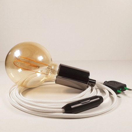 Lampe à suspendre type baladeuse porte-douille métal lisse Perle noire - Câble textile blanc