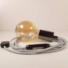 Lampe à suspendre type baladeuse porte-douille métal lisse Perle noire de Tahiti - Câble textile Argent effet soie