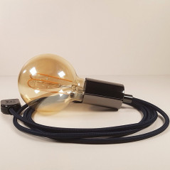 Lampe à suspendre type baladeuse porte-douille métal lisse Perle noire de Tahiti - Câble textile Bleu foncé effet soie