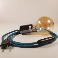 Lampe à suspendre type baladeuse porte-douille métal lisse Inox satiné - Câble textile Bleu Lagon coton