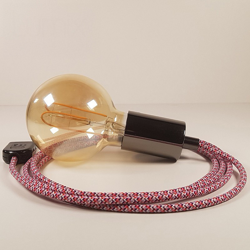 Lampe à suspendre type baladeuse porte-douille métal lisse Perle noire de Tahiti - Câble textile effet soie Pixel