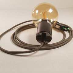 Lampe à suspendre type baladeuse porte-douille métal lisse Perle noire de Tahiti - Câble textile Gris effet soie