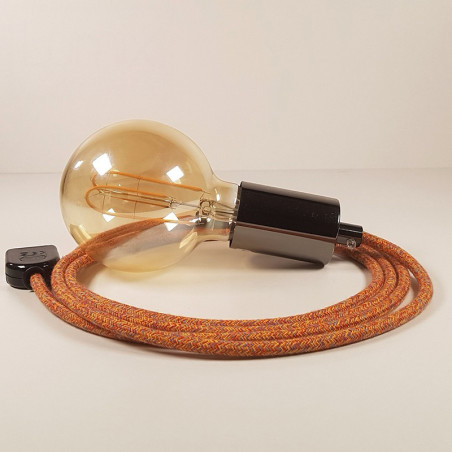 Lampe à suspendre type baladeuse porte-douille métal lisse Perle noire de Tahiti - Câble textile indian.