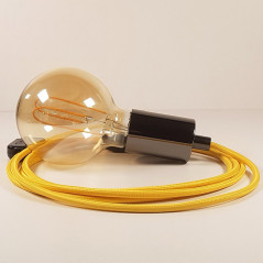 Lampe à suspendre type baladeuse porte-douille métal lisse Perle noire de Tahiti - Câble textile jaune.