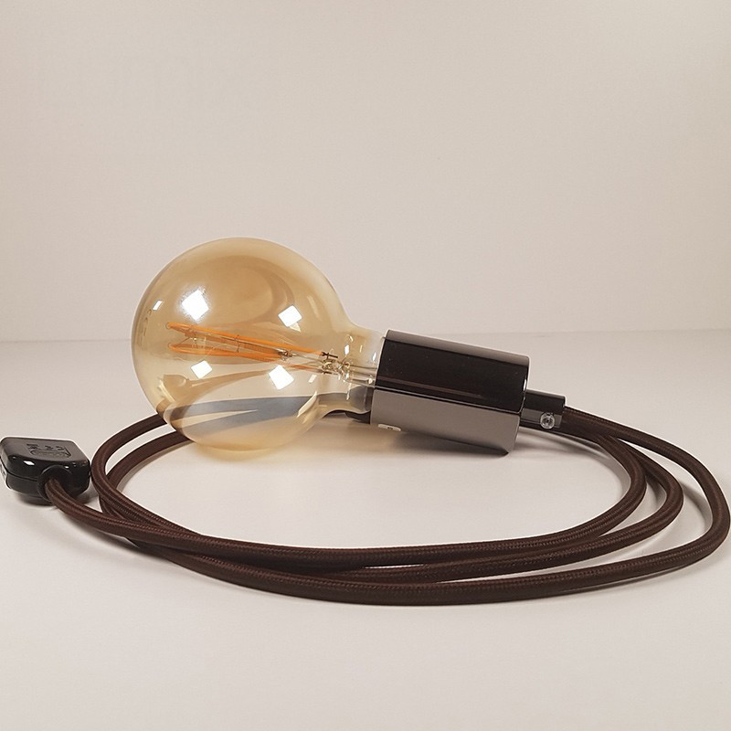 Lampe à suspendre type baladeuse porte-douille métal lisse Perle noire de Tahiti - Câble textile marron.