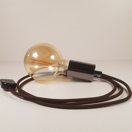 Lampe à suspendre type baladeuse porte-douille métal lisse Perle noire de Tahiti - Câble textile marron.