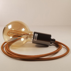 Lampe à suspendre type baladeuse porte-douille métal lisse Perle noire de Tahiti - Câble textile Whiskey effet soie