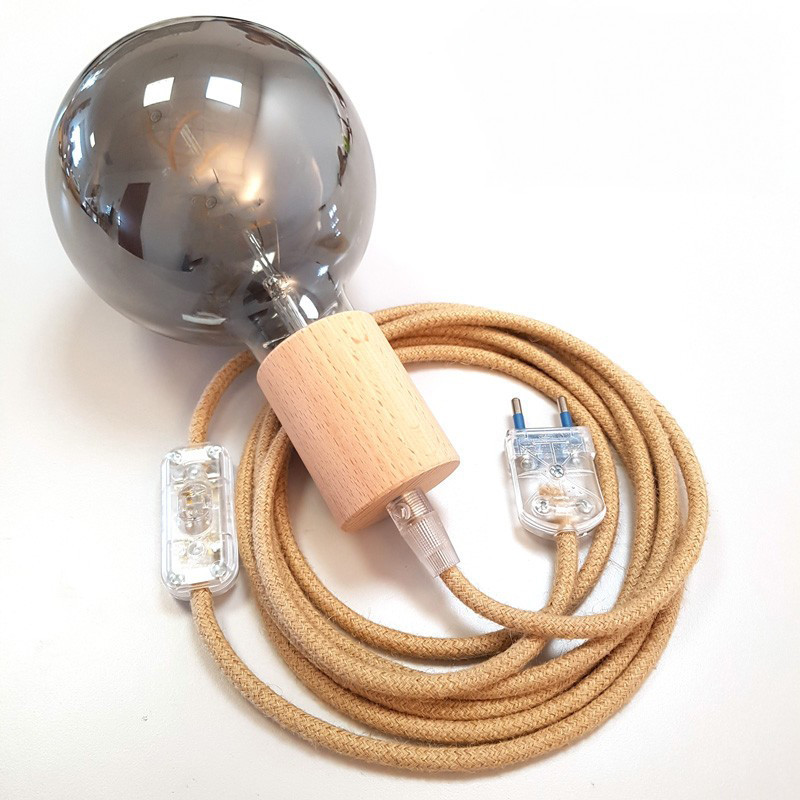 Lampe baladeuse à suspendre câble rond en jute et douille bois Lampe baladeuse à suspendre câble rond en jute et douille bois
